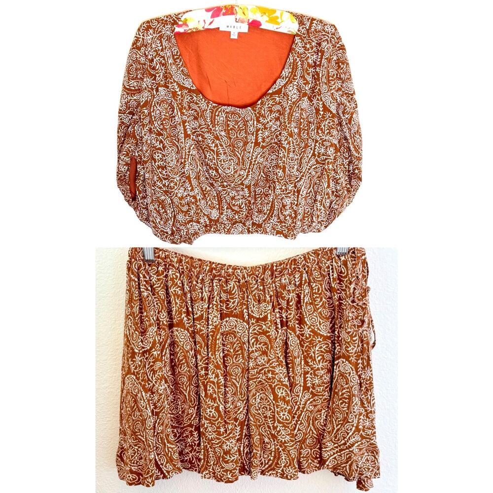 Mable Matching Set Crop Top + Skirt Medium Floral Paisley Rust Cream Boho